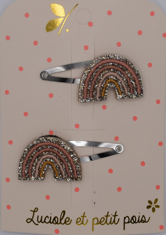 A set of beige glitter rainbow hair clip for girls. Top view. Made by Luciole et Petit Pois