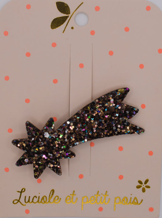 A shooting star bronze hair brooch for girls. Glittery. Top view. Made by Luciole et Petit Pois