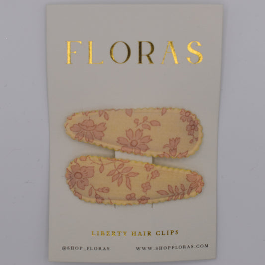 A pair of liberty print barrette clips in Capel Blossom pattern. Top view. Made by Floras