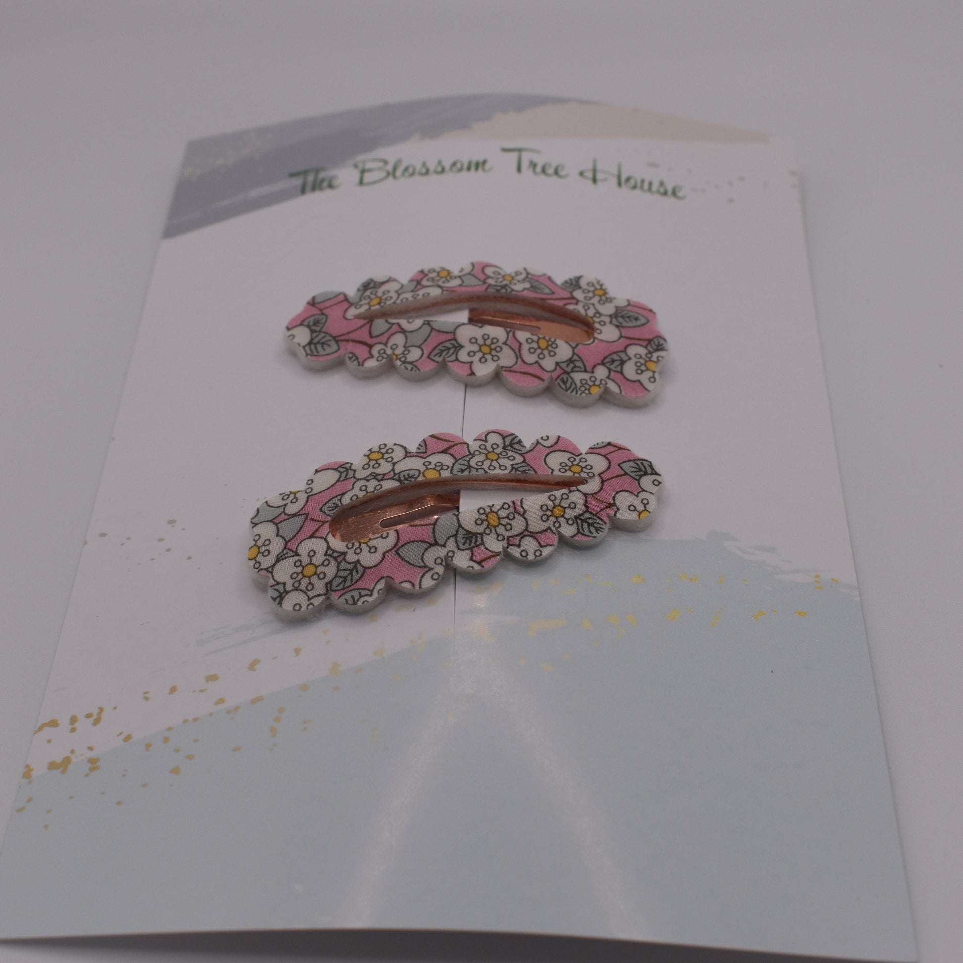 A barrette hair clip with a Liberty print design in Ffion. Front-on view. Made by The Blossom Tree House