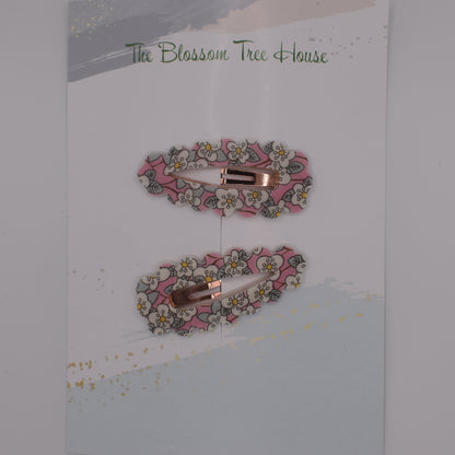 A barrette hair clip with a Liberty print design in Ffion. Top-down view. Made by The Blossom Tree House