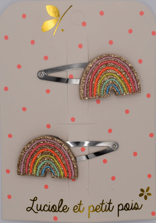 A pair of multicoloured rainbow hair clips for girls. Glittery. Top view. Made by Luciole et Petit Pois