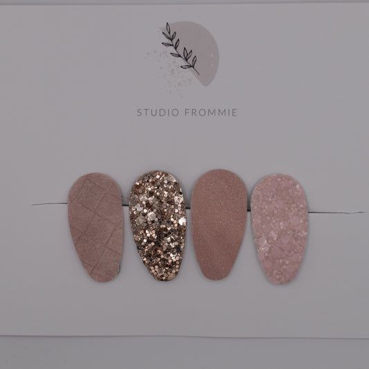 Pink barrette clip set for girls. Pink and glittery. Top view. Made by Studio Frommie.