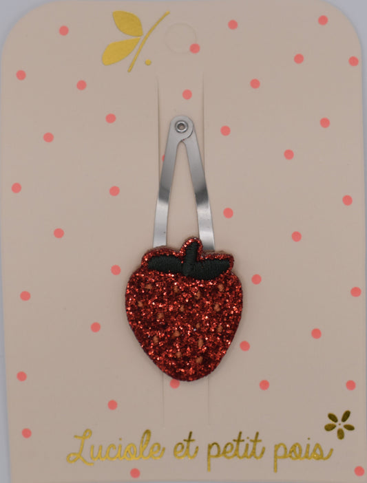 A glitter strawberry hair clip for girls. Red colour. Top view. Made by Luciole et Petit Pois